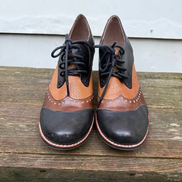 L'Artiste Spring Step Bardot derby Oxford leather colorblock heel 40 brown black - Picture 2 of 9